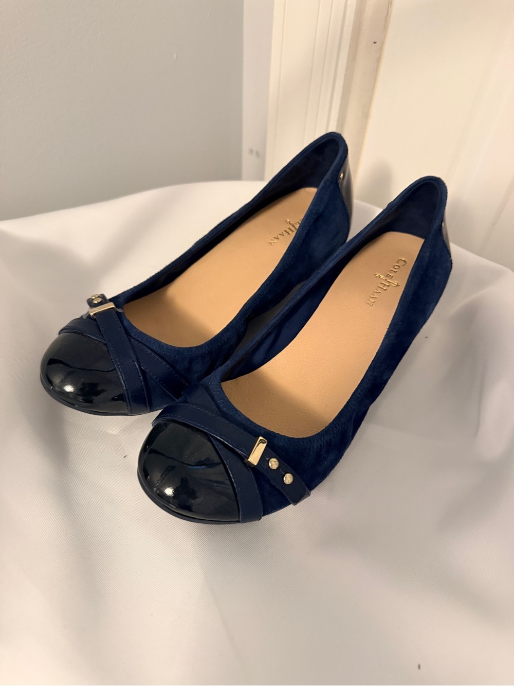 Cole Haan Navy Suede Flats/slight heel with Black Patent Toe and Gold Accent